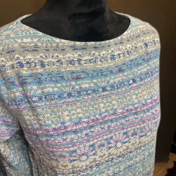 J. Jill Fair Isle Thermal Waffle Knit L/S Top Petite S Boat Neck 185292 Pockets - Picture 2 of 8